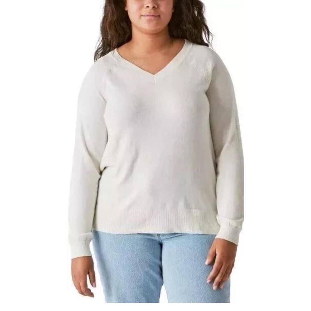 Lucky Brand Women's Long Sleeve Slit V-Neck Sweater, Marshmallow, Size.XL. BM